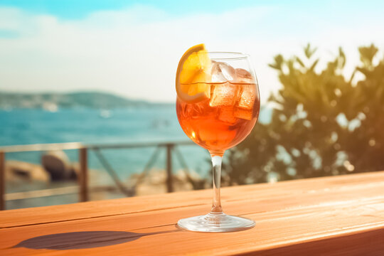 Cocktail aperol spritz, cold drink or beverage with ice on wood table in front of blue sky on summer sea.
