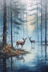 Watercolor quiet forest lake with a family of deer. AI generated