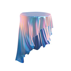 3d podium element. Iridescent display isolated. Abstract cloth holographic fabric levitating. Iridescent textile. Isolated on black background. Product presentation concept. Render illustration