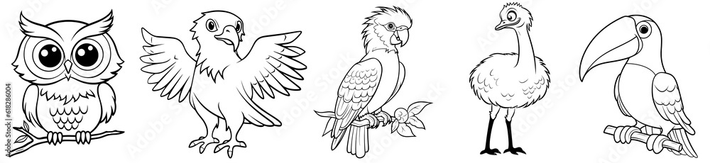 Canvas Prints Birds - cute Owl, Eagle, Parrot, Ostrich and Toucan, simple thick lines kids or children cartoon coloring book pages. Clean drawing can be vectorized to illustration. Generative AI