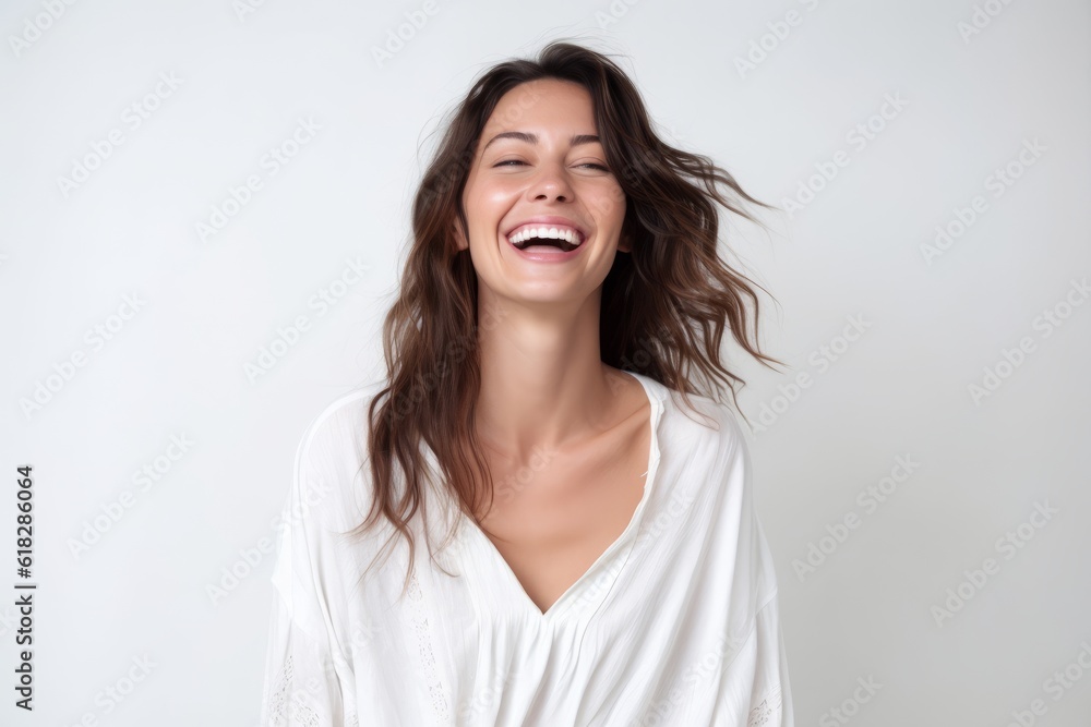 Canvas Prints Portrait of a happy young woman laughing isolated on a white background