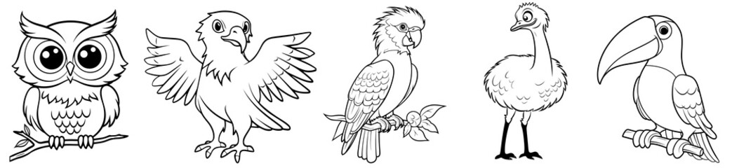 Birds - cute Owl, Eagle, Parrot, Ostrich and Toucan, simple thick lines kids or children cartoon coloring book pages. Clean drawing can be vectorized to illustration. Generative AI