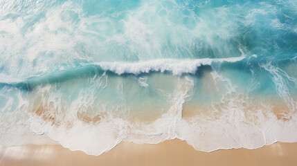 An aerial view of a beach with a surfboard. Generative AI.