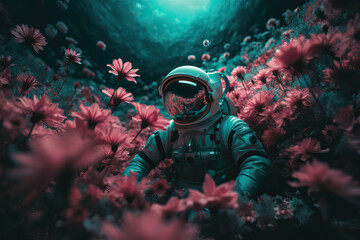 Experience the harmony of outer space and nature in this captivating illustration, featuring an astronaut embraced by a kaleidoscope of colorful flowers - Generative AI