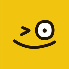 Winking emoticon in doodle style. Cartoon face expressions isolated on yellow background