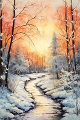 Watercolor serene winter morning with snow-covered. AI generated