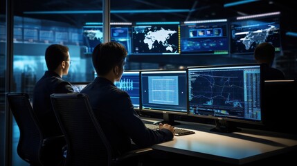 Network operations center ( NOC) with technicians monitoring network traffic, troubleshooting issues, and ensuring network performance