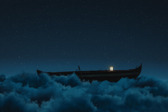 3D rendering of abandoned wooden japanese boat with wooden lamp over fluffy night clouds