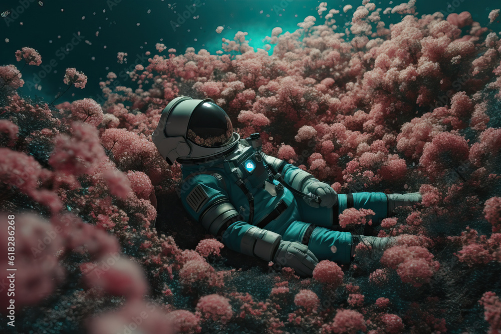 Poster embark on a celestial journey as an astronaut finds solace in a garden of vivid and enchanting flowe