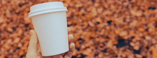 Unrecognizable woman hand holding Eco zero waste white paper cup copy space mockup. Fall leaves and...