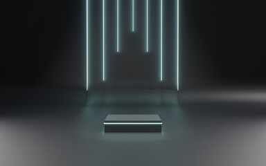 Square dark podium for product presentation with 7 line lamps around, 3d realistic illustration. Blue and dark digital scene with light and shadow.