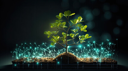 Growing young maize seedling in cultivated agricultural farm field with modern technology concepts.