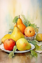 Watercolor simple still-life of pears and apples. AI generated