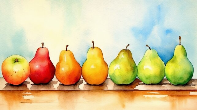 Watercolor simple still-life of pears and apples. AI generated