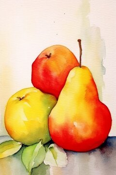 Watercolor simple still-life of pears and apples. AI generated