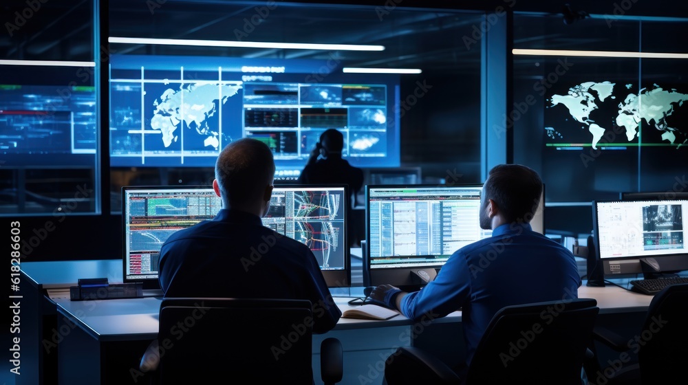 Poster network operations center ( noc) with technicians monitoring network traffic, troubleshooting issues