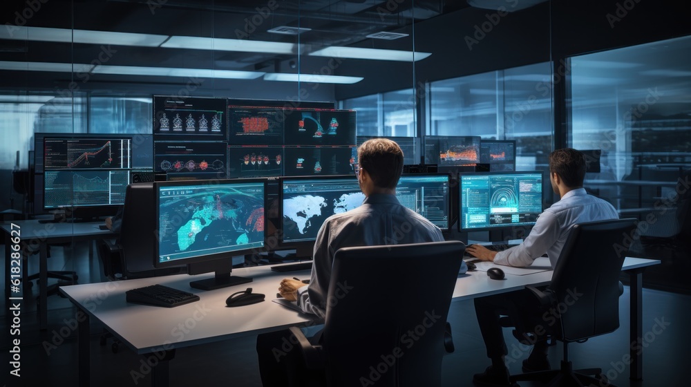 Poster network operations center ( noc) with technicians monitoring network traffic, troubleshooting issues