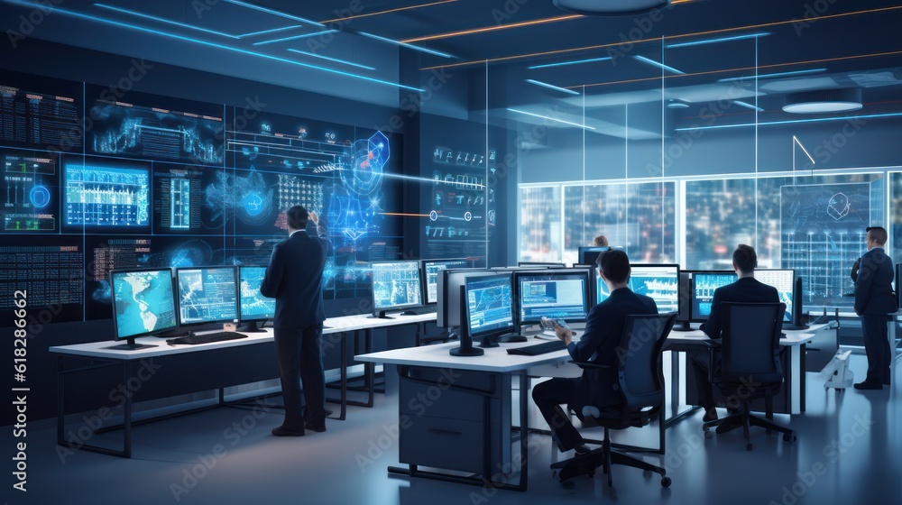 Poster network operations center ( noc) with technicians monitoring network traffic, troubleshooting issues