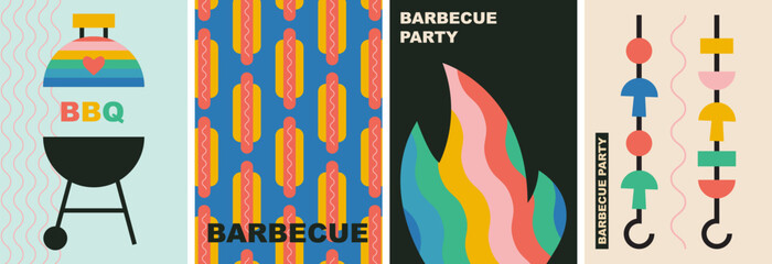 Creative concept of Happy Pride Month cards set. I love BBQ. Modern abstract geometric art design with rainbow flag, heart, grill,. Template for celebration, ads, branding, banner, label, poster.