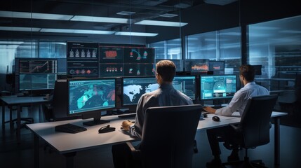 Fototapeta na wymiar Network operations center ( NOC) with technicians monitoring network traffic, troubleshooting issues, and ensuring network performance