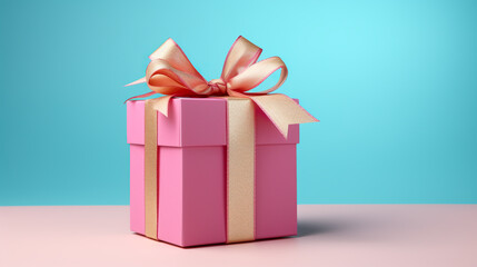 A pink gift box with a gold ribbon. Generative AI.