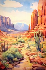 Watercolor stunning desert landscape. AI generated