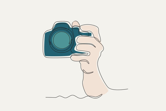 Color illustration of a hand shooting a picture. World photography day one-line drawing