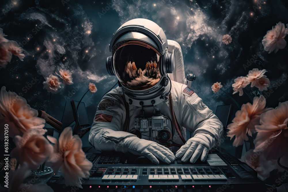 Poster embark on a musical journey through the cosmos with this captivating illustration of a dj astronaut 