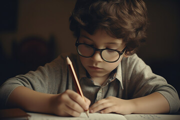 Naklejka na ściany i meble Child writing in a notebook in class. Fictional person. Generative AI