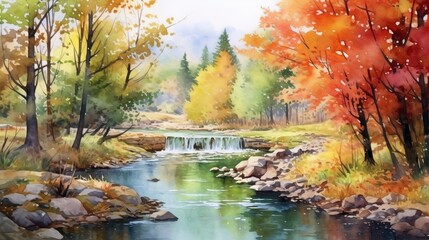 Obraz premium Watercolor tranquil autumn stream with colorful foli. AI generated