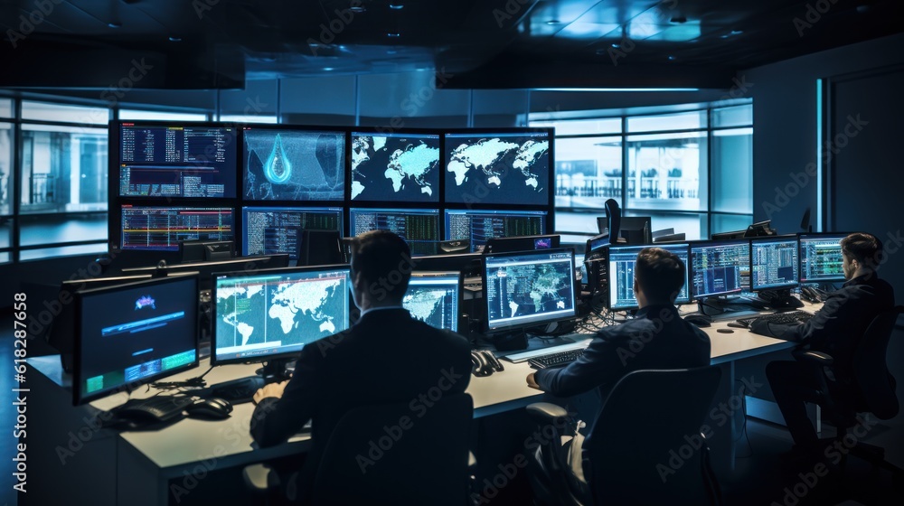 Poster network operations center with technicians monitoring network traffic, troubleshooting issues, and e