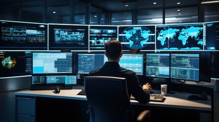 Network operations center with technicians monitoring network traffic, troubleshooting issues, and ensuring network performance
