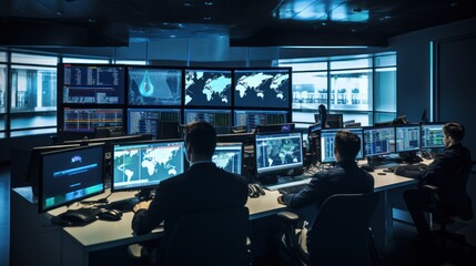 Network operations center with technicians monitoring network traffic, troubleshooting issues, and ensuring network performance