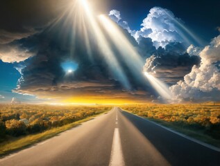 Sunlight shines on a cloudy road. Created with Generative AI Technology.