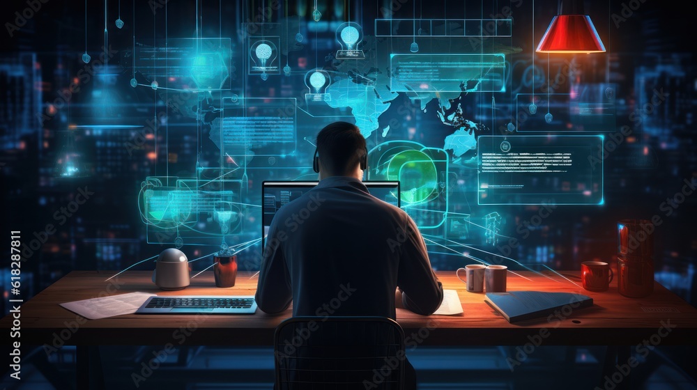 Poster network operations center with technicians monitoring network traffic, troubleshooting issues, and e