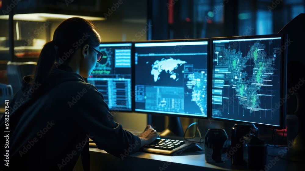Poster network operations center with technicians monitoring network traffic, troubleshooting issues, and e