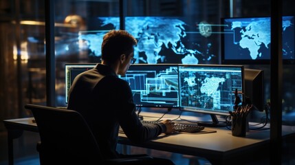 Network operations center with technicians monitoring network traffic, troubleshooting issues, and ensuring network performance