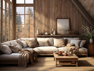 Cozy Brown Farmhouse Living room interior wall mockup, Mockups Design 3D, High-quality Mockups, Generative Ai