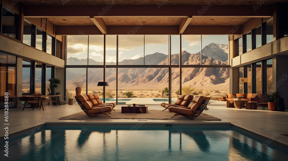 Wall mural style pool house with mountain view