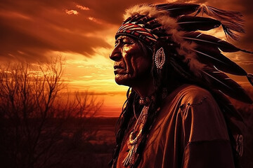 Obraz premium Illustration of a native american indian chief at sunset, art. Generative AI