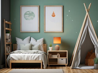 Mock up poster wall in Children Bedroom Interior , Mockups Design 3D, High-quality Mockups, Generative Ai