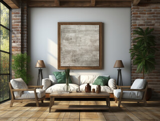 Mockup poster frame in living room, Mockups Design 3D, High-quality Mockups, Generative Ai