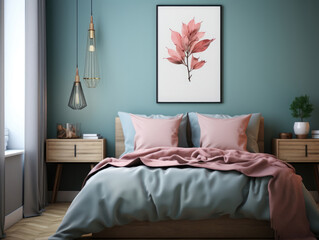 Mockup poster wall in bedroom Scandinavian style 3d , Mockups Design 3D, High-quality Mockups, Generative Ai