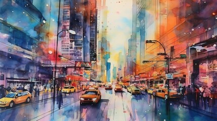 Watercolor vibrant city skyline with busy streets. AI generated