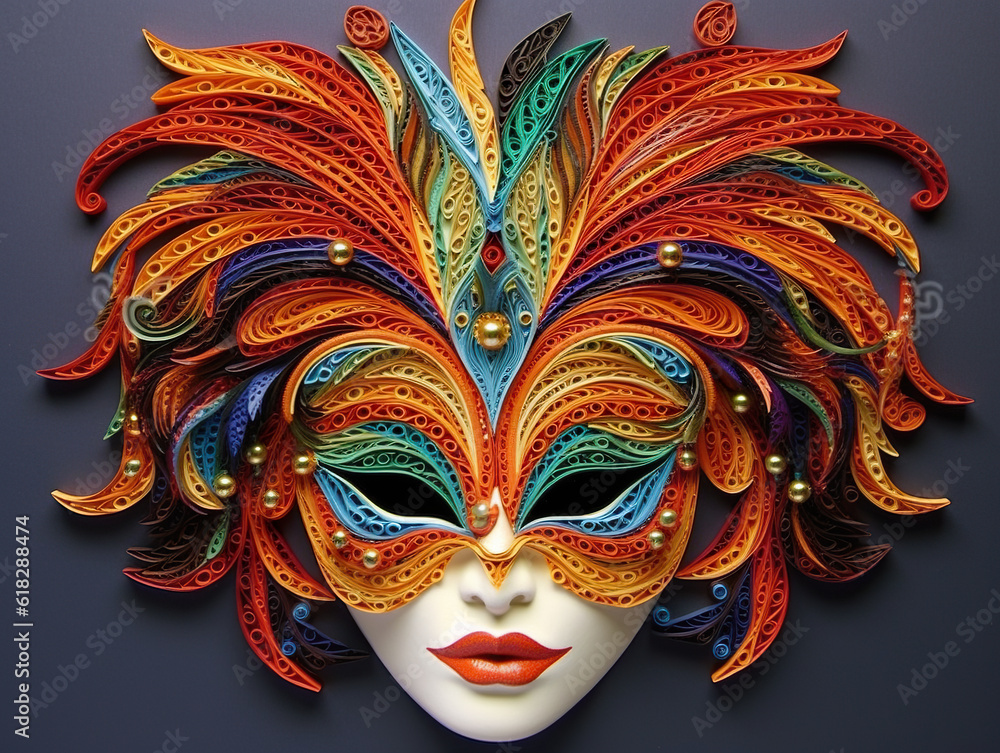 Poster a colorful mask with feathers on a black background. generative ai.