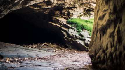 Obraz premium cave entrance framed by twisting roots and moss covered rocks, fictional place