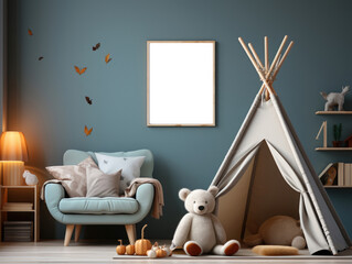 Wall mock up in children room interior Scandinavian, Mockups Design 3D, High-quality Mockups, Generative Ai