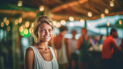 shy or introvert or drunk woman in nightlife, blonde, young adult, bar or club or vacation, fictional location - obrazy, fototapety, plakaty