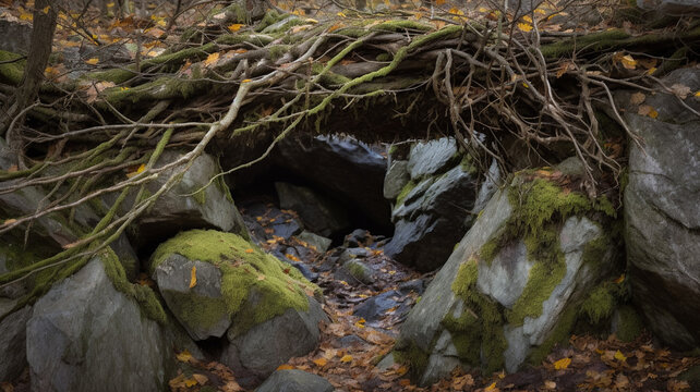 cave entrance framed by twisting roots and moss covered rocks, fictional place