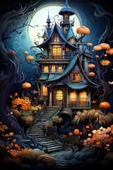 Fototapeta na wymiar A halloween house with pumpkins in the yard. Generative AI. Halloween clipart drawing.